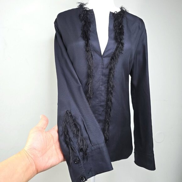 Helmut Lang Black Navy Twill Fringe Feather Silk Long Sleeve Blouse - Picture 5 of 11